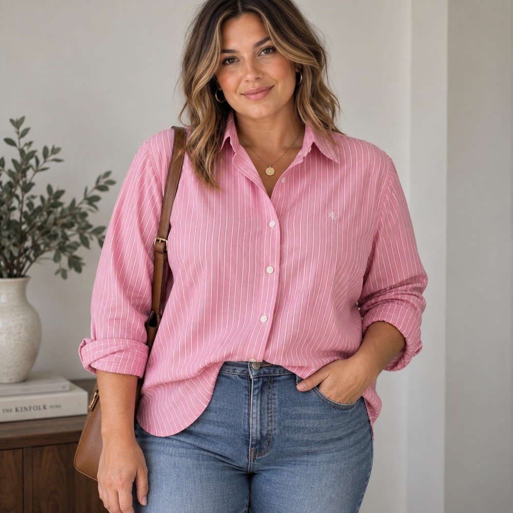 Lauren Ralph Lauren Size 1X Pink White Stripe Cotton Button Down Shirt Preppy